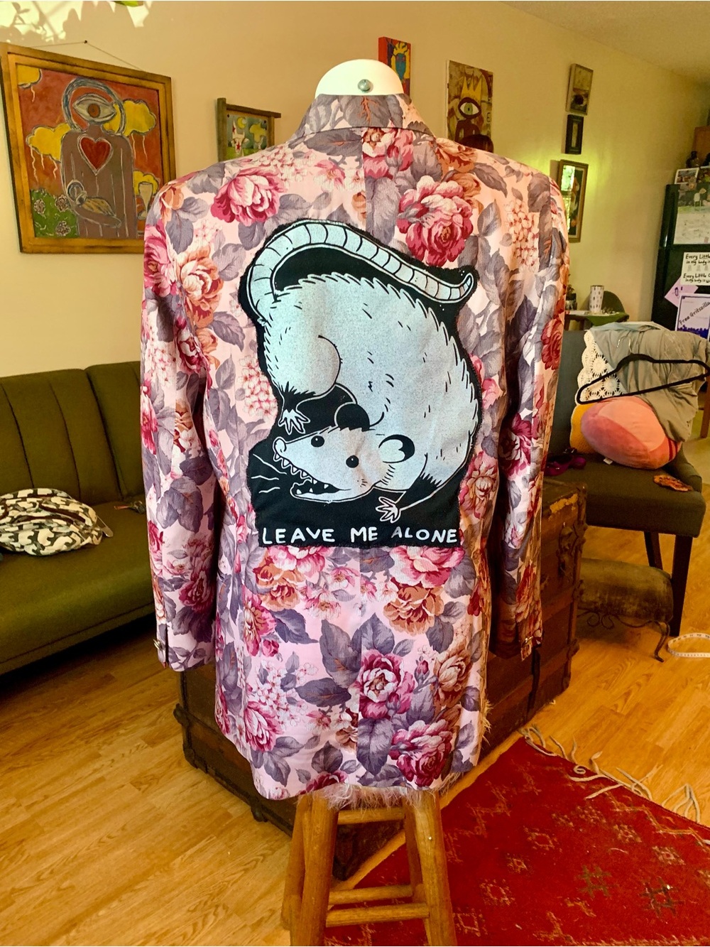 Floral Pink Blazer with 'Leave Me Alone' Opossum Patch - Picture 4 of 10